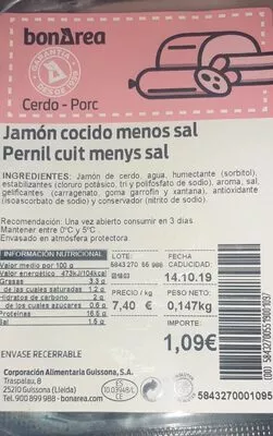 Jamon cocido menos sal Bonarea 2 g, code 00584327005519001097