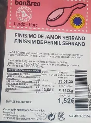 Finísimo de jamón serrano Bonarea , code 00586407400120001525