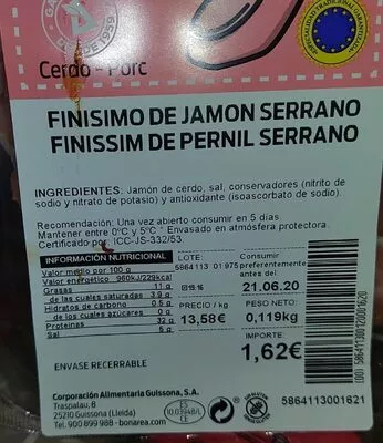 Finisimo de jamon serrano Bonarea , code 00586411300120001682