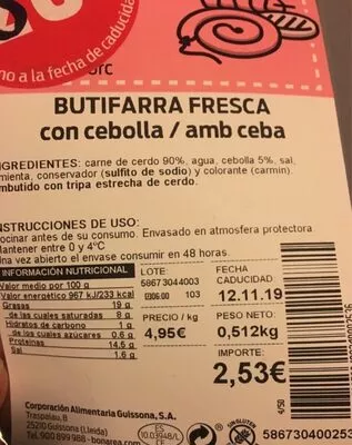 Butifarra fresca con cebolla Bonárea , code 00586730400319002536