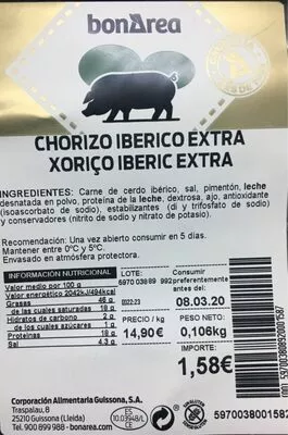 Chorizo iberico extra Bonarea , code 00597003808920001587