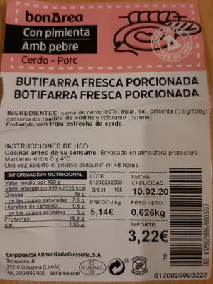 Butifarra Fresca Porcionada Bonarea 626 G, code 00612002900620003227