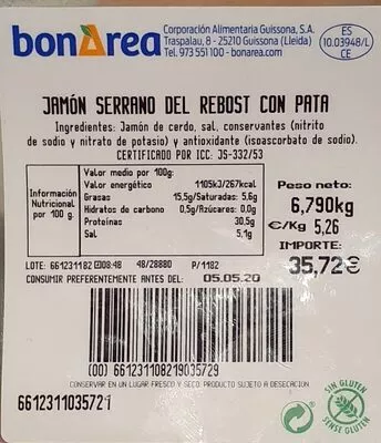 Jamon serrano del rebost con pata Bonarea , code 00661231108219035729