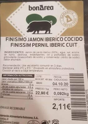 Finísimo Jamón Ibérico cocido bonarea , code 00681626704920002115