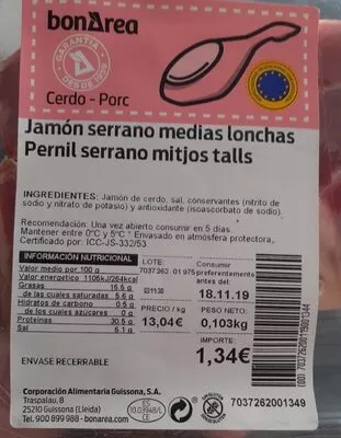 Jamón serrano medias lonchas BonÁrea , code 00703726200119001344