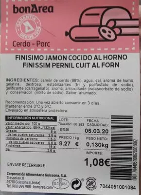 FInisimo jamon cocido al horno Bonarea 18 g, code 00704405108620001082