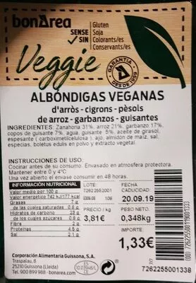 Albóndigas veganas Bonarea 23 g, code 00726225500119001333