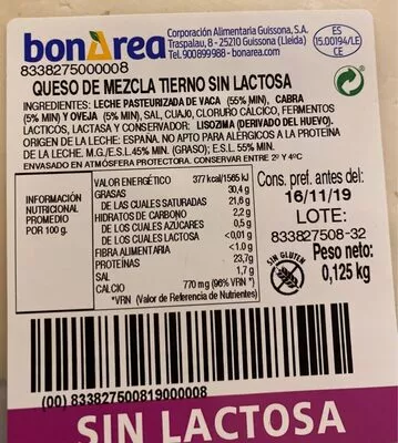 Queso de mezcla tierno sin lactosa Bonarea , code 00833827500819000008