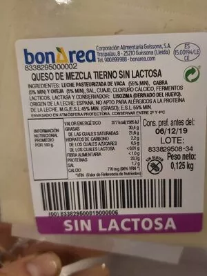 Queso mezcla sin lactosa Bonarea , code 00833829500819000006