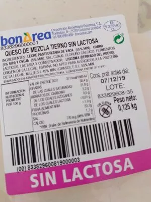 Queso de mezcla tierno sin lactosa Bonarea , code 00833829600819000003