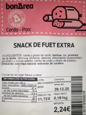 Snack de fuet extra bonarea , code 00892127401020002246