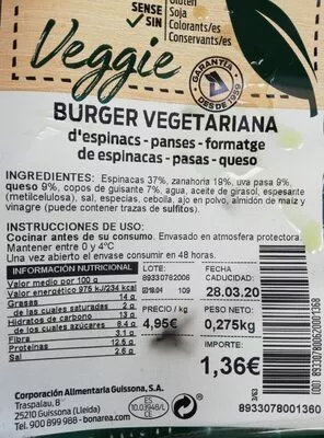 Burger vegetariana Bonarea , code 00893307800620001368