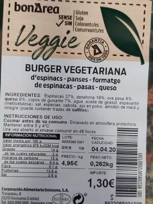 Burger vegetariana Bonarea , code 00893308500120001309