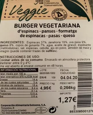 Burger vegetariana Bonarea , code 00893308500220001278