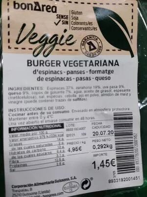 Burguer vegetariana Bonarea , code 00893319200720001452