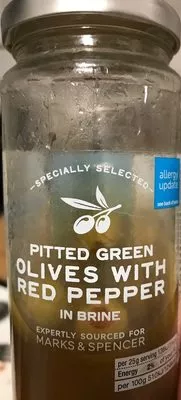 Pitted green olives with red pepper Marks & Spencer , code 00986809