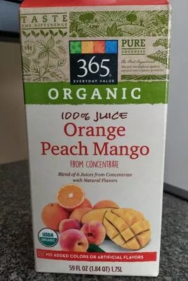 Organic 100% juice Orange Peach Mango 365 Everyday Value,  Whole Foods , code 0099482466602