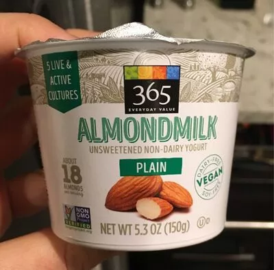 Plain almondmilk unsweetened non-dairy yogurt, plain almondmilk 365 Everyday Value, Whole Foods, Whole Foods Market 150g, code 0099482476854