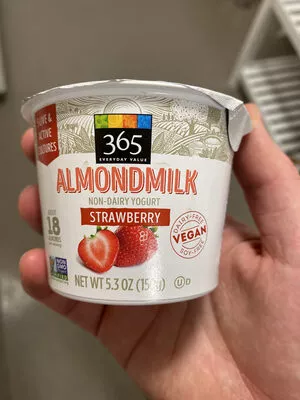 Strawberry almondmilk non-dairy yogurt, strawberry 365 Everyday Value 150g, code 0099482476878