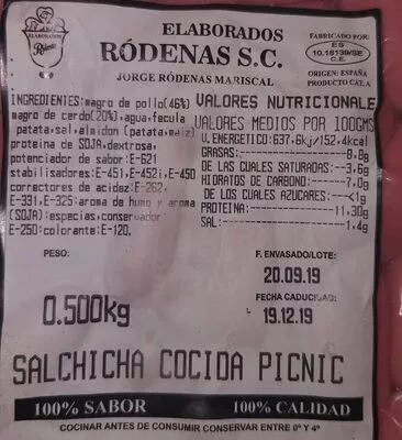 Salchicha cocida picnic  , code 010290144500500213190920