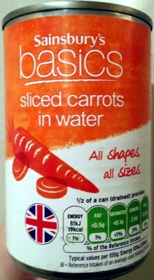 Sliced carrrots in water sainsbury's basics, Sainsbury's 300 g, drained 160 g, code 01163605