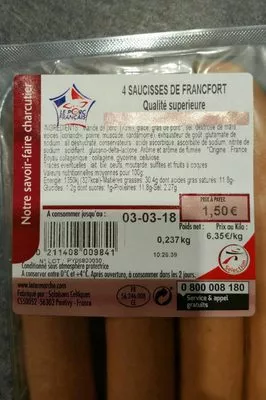 4 saucisses de francfort Notre Savoir faire charcutier, Notre Savoir Faire Charcutier Intermatché 0,237 kg, code 0211408009841