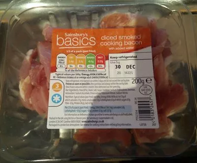 diced smoked cooking bacon with added water Sainsbury's basics, Sainsbury's 200g, code 11114188