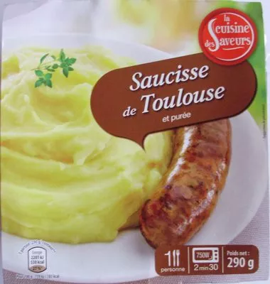 Saucisse de Toulouse et purée La cuisine des Saveurs, Aldi 290 g [même code barre 26014395 que Tomates Farcies et riz cuisiné, voir 26014395], code 2000000036242