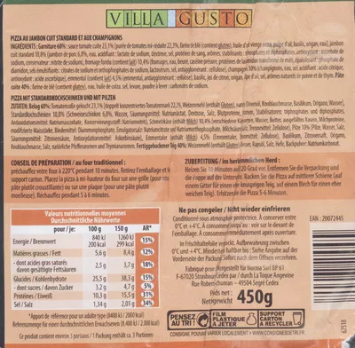 Pizza jambon et champignons Villa gusto 450 g, code 20072445