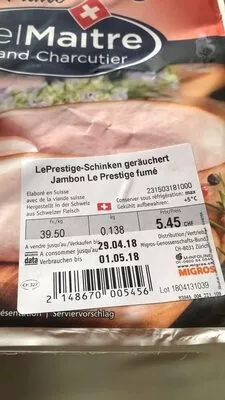 Jambon Le Prestige fumé (DelMaitre) Migros 138 g, code 2148670005456