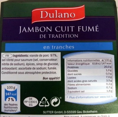 Jambon traditionnel fumé au bois de hêtre Dulano au poids, code 2205877002760