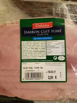 Jambon traditionnel fumé au bois de hêtre Dulano, Lidl 266 g, code 2205880002917