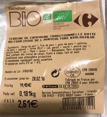 Terrine de campagne bio Carrefour , code 2227848017122