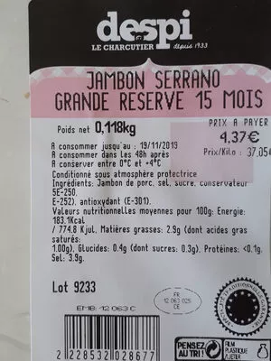 jambon Serrano grande réserve 15 mois despi 0,118 kg, code 2228532028677