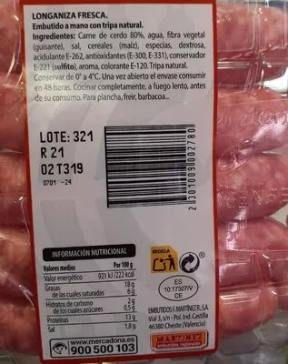 Longaniza fresca mercadona , code 2301009002780