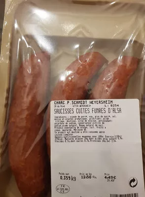 saucisses cuites fumées d'alsace charcuterie P. Schmidt 360g, code 2422871029528