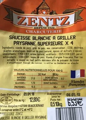 Saucisse blanche à griller paysanne supérieure ×4 Zentz 510 g, code 2468347042837