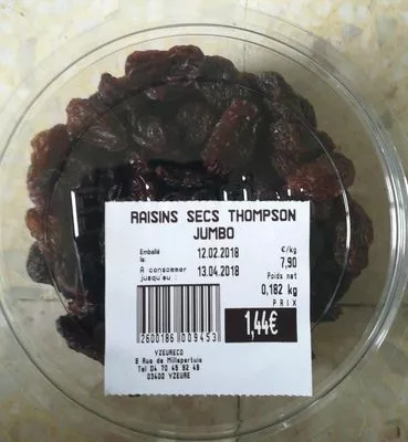 Raisins secs Thompson jumbo Grand frais , code 2600186009453