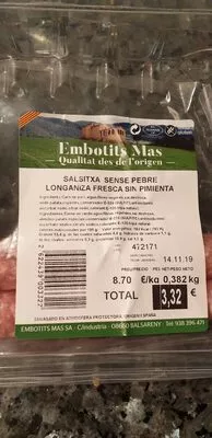 Salchicha fresca sin pimienta Embotits Mas , code 2622439003322