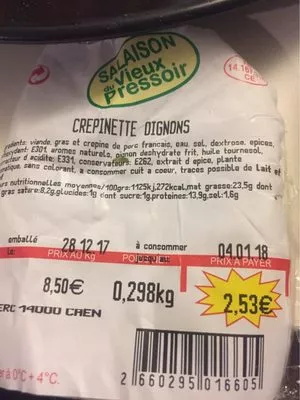 Crepinette oignons Salaison Du Vieux Pressoir , code 2660295016605