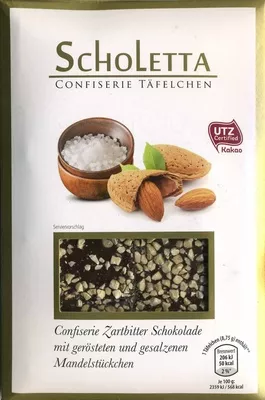 Zarbitter Schokolade mit gerösteten und gesalzenen Mandelstückchen Scholetta 70 g, code 29040995