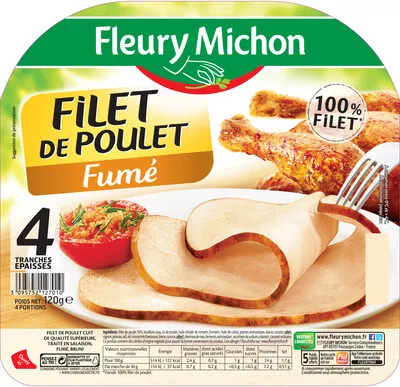 Filet de poulet fumé - 4 tranches épaisses Fleury Michon 120 g , code 3095752127010