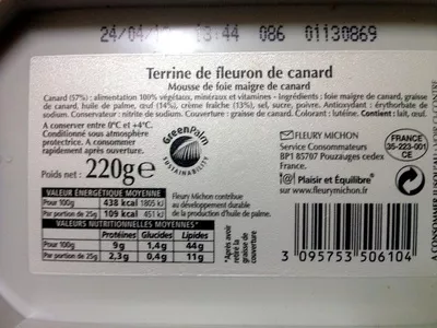 Terrine de fleuron de canard Fleury Michon 220 g, code 3095753506104