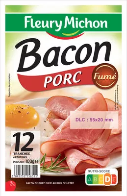 Bacon porc fumé - 12 tranches environ Fleury Michon 100 g, code 3095755158011