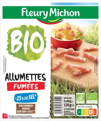 Allumettes fumées BIO -25% de sel* Fleury Michon 120 g, code 3095759617019