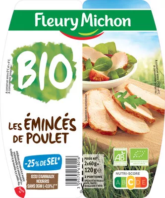 Emincés de poulet  Bio- 25% de sel* Fleury Michon 120 g, code 3095759618016