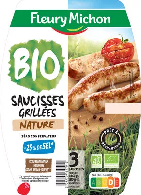 Saucisse grillée nature -BIO -25% de sel* Fleury Michon 180 g, code 3095759657015