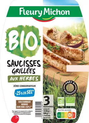 Saucisse grillée aux herbes BIO -25% de sel* Fleury Michon 180 g, code 3095759658012