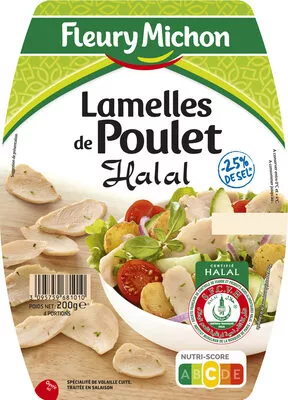 Lamelles de poulet Halal -25% de sel Fleury Michon 200 g, code 3095759681010