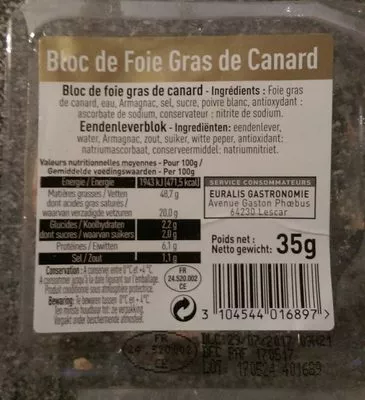 Bloc de Foie Gras de Canard Euralis Gastronomie 35 g, code 3104544016897